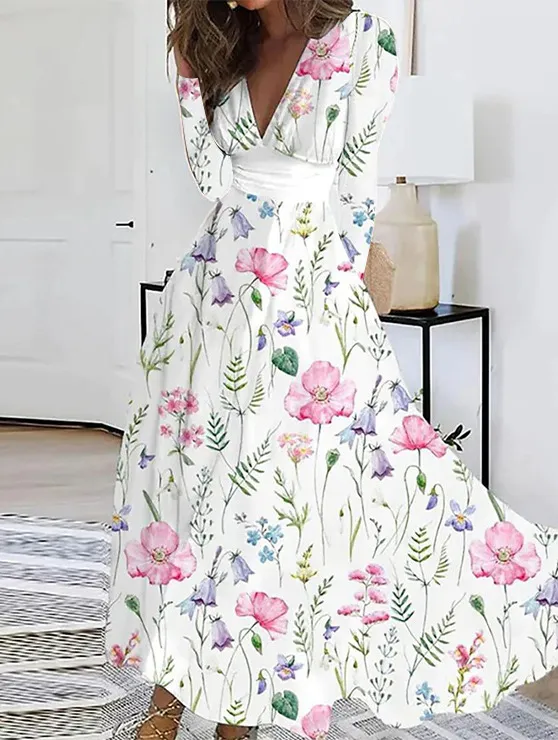 Fall V neck Long Sleeve Printed Women Dress Women Pink Floral - Shop at LoveMi