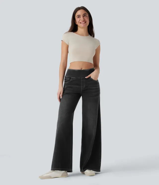 High waisted Loose fit Stretchy Wide leg Jeans For Women Black - Shop at LoveMi