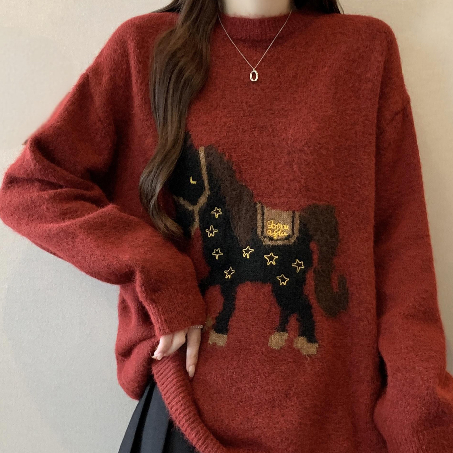Laid-back Youth-boosting Super-cute New Year RedJacquard Sweater