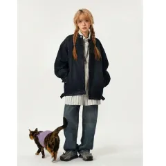 Women's Denim Jacket Spring And Autumn Style Washed Distressed Stand-collar Workwear - Dark Blue - View 1
