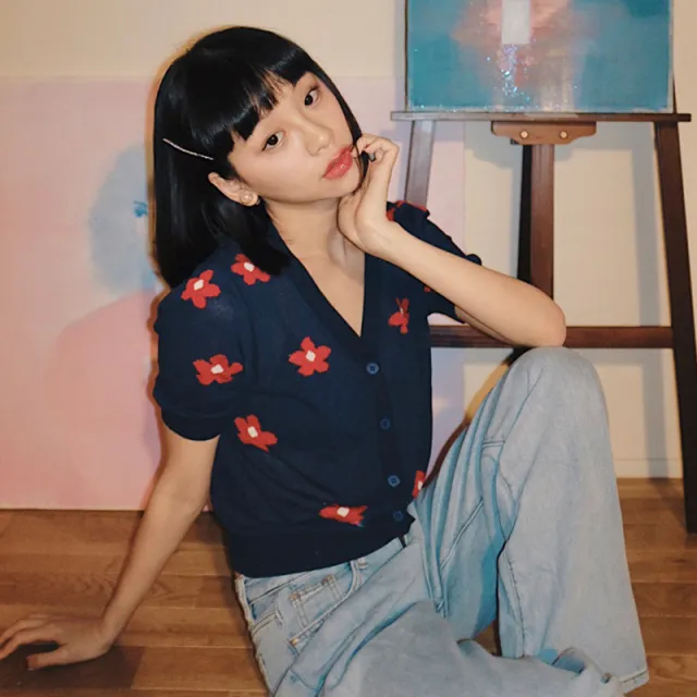 Purplish Blue V neck Top Knitted Short Sleeve Women Dark Blue - Shop at LoveMi
