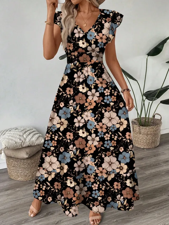Printed V neck Flared Sleeve Long Dress Black - Shop at LoveMi