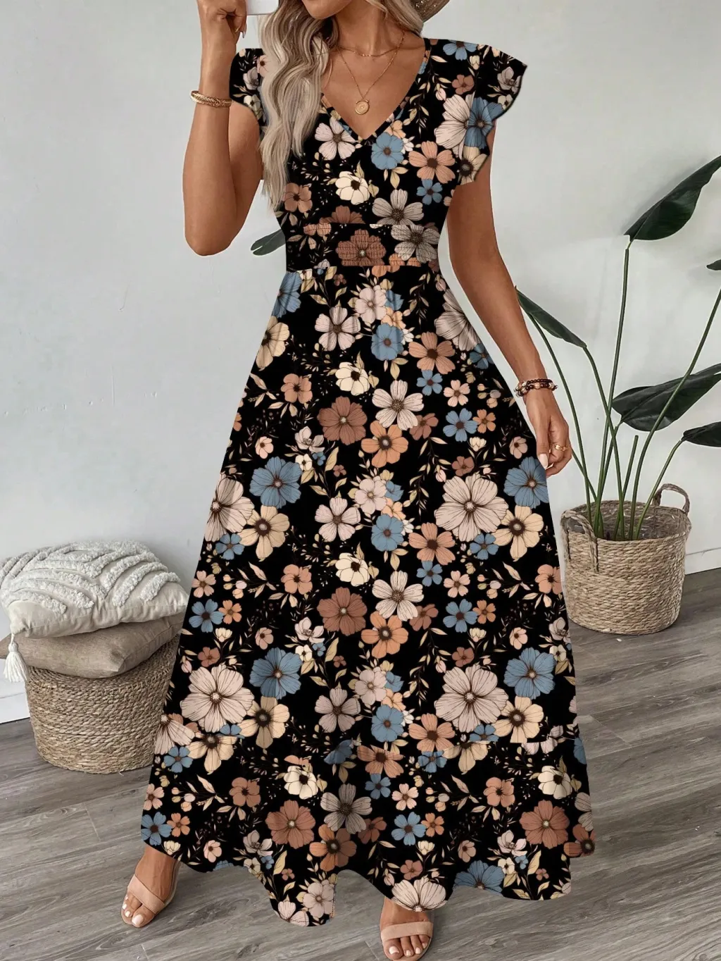 Printed V-neck Flared Sleeve Long Dress - Black