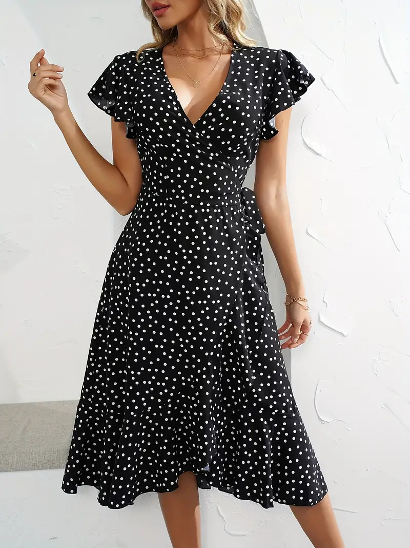 V neck Printing Short Sleeve Skirt Tied Lotus Leaf Dress Black - Shop at LoveMi