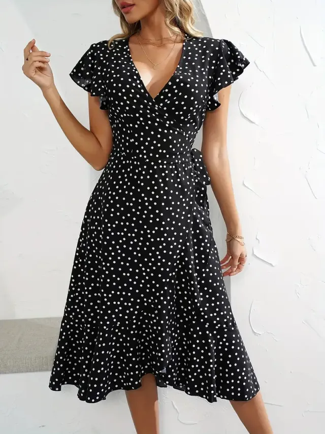V neck Printing Short Sleeve Skirt Tied Lotus Leaf Dress Black - Shop at LoveMi