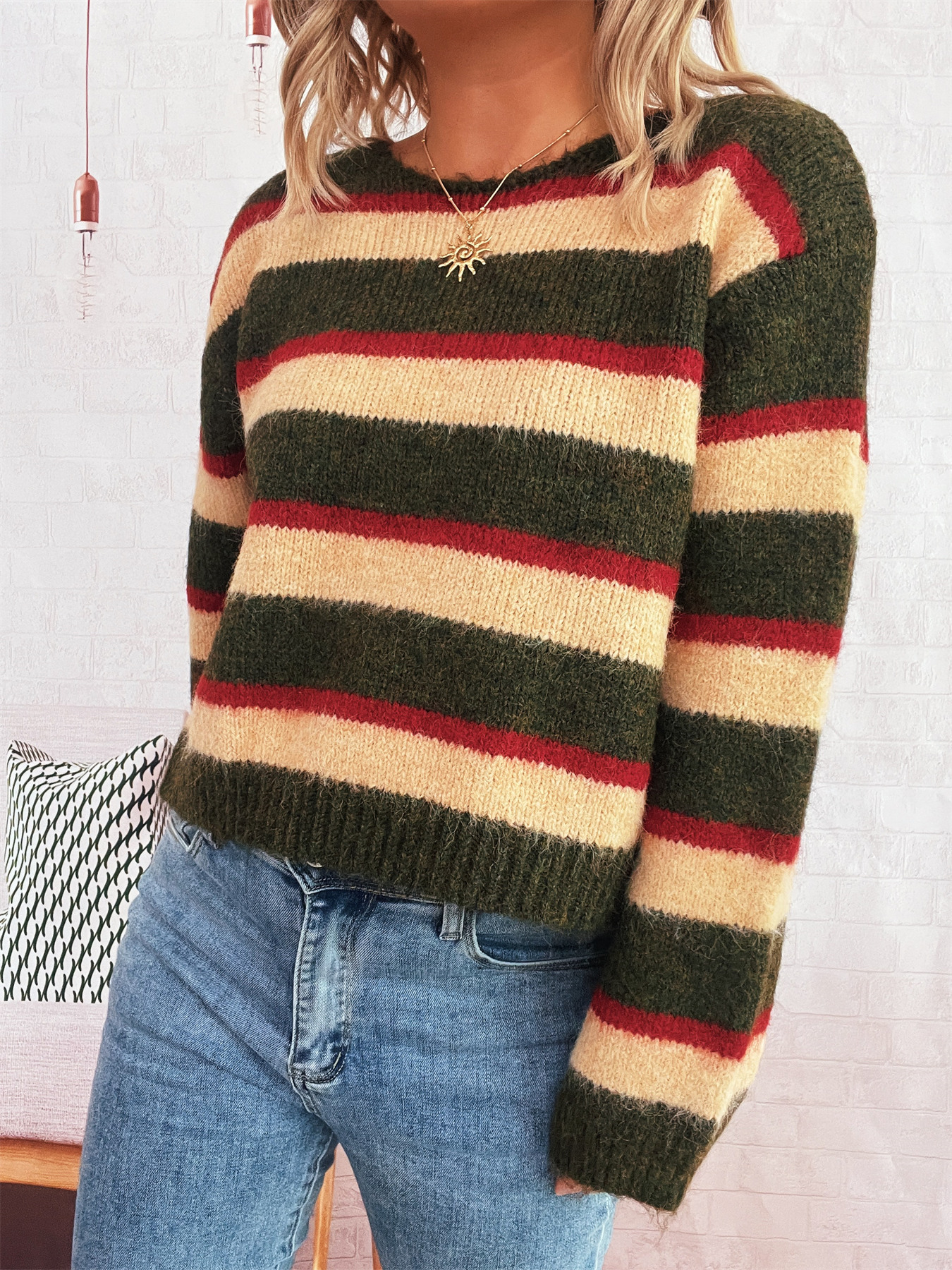 Striped Contrast Color Commuter Knit Casual Round Neck Long Sleeve Sweater