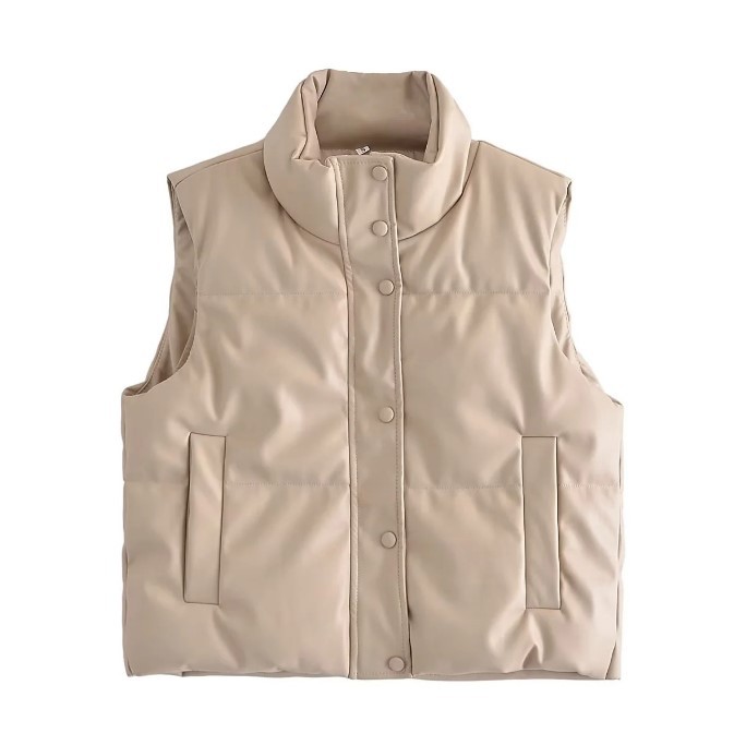 Polyester Cotton padded Jacket Vest Sleeveless Stand Collar Vest Top Cream - Shop at LoveMi