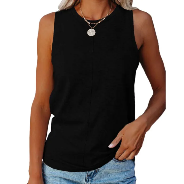 Summer Women's Stylish Loose Round Neck Solid Color Sleeveless Vest T shirt Black - Shop at LoveMi