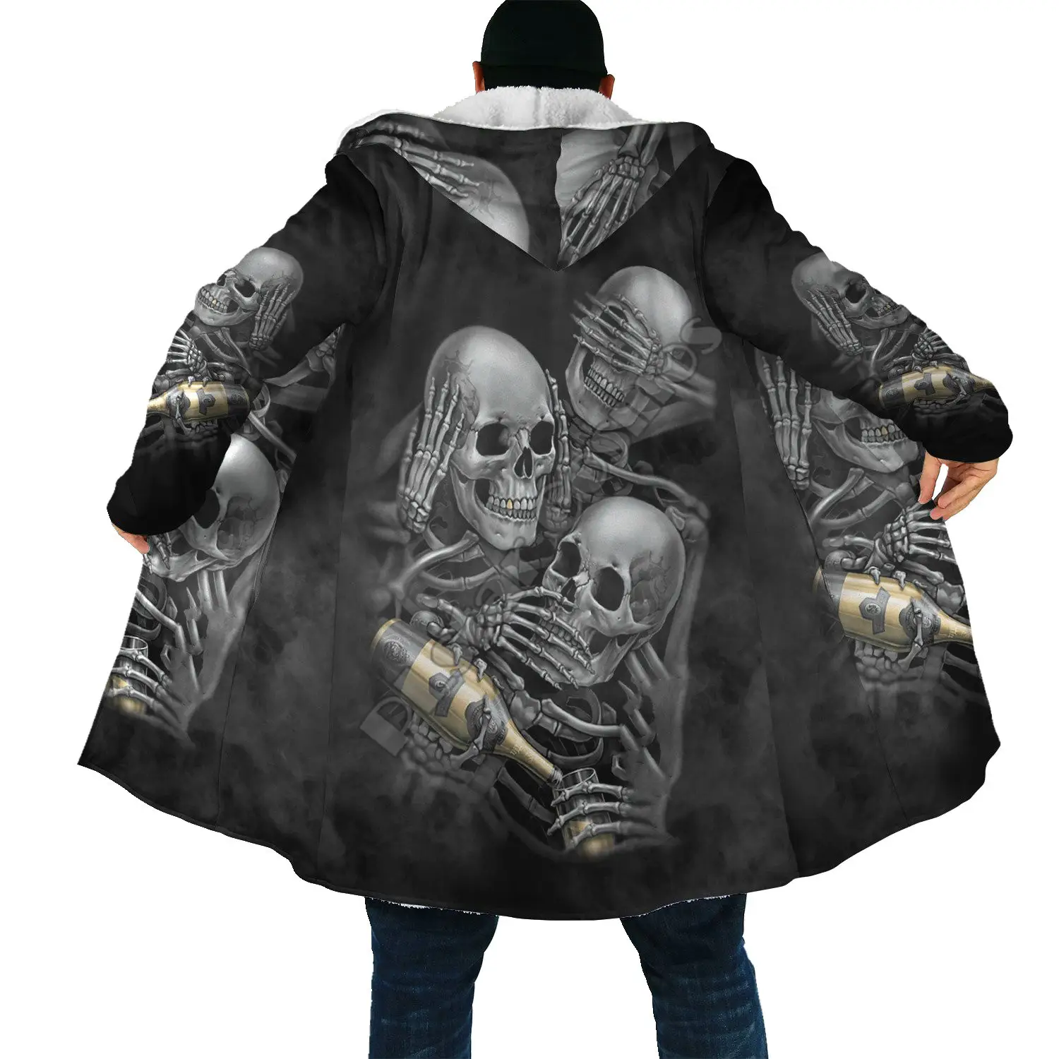 Warm Men's Top Fleece-lined Thick Windbreaker Men's Fashion 3D Digital Tattoo Print Hooded Clothing