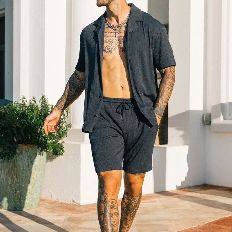 Men's Two Piece Set Short Sleeve Lapel Button Shirts and Shorts Beach Style