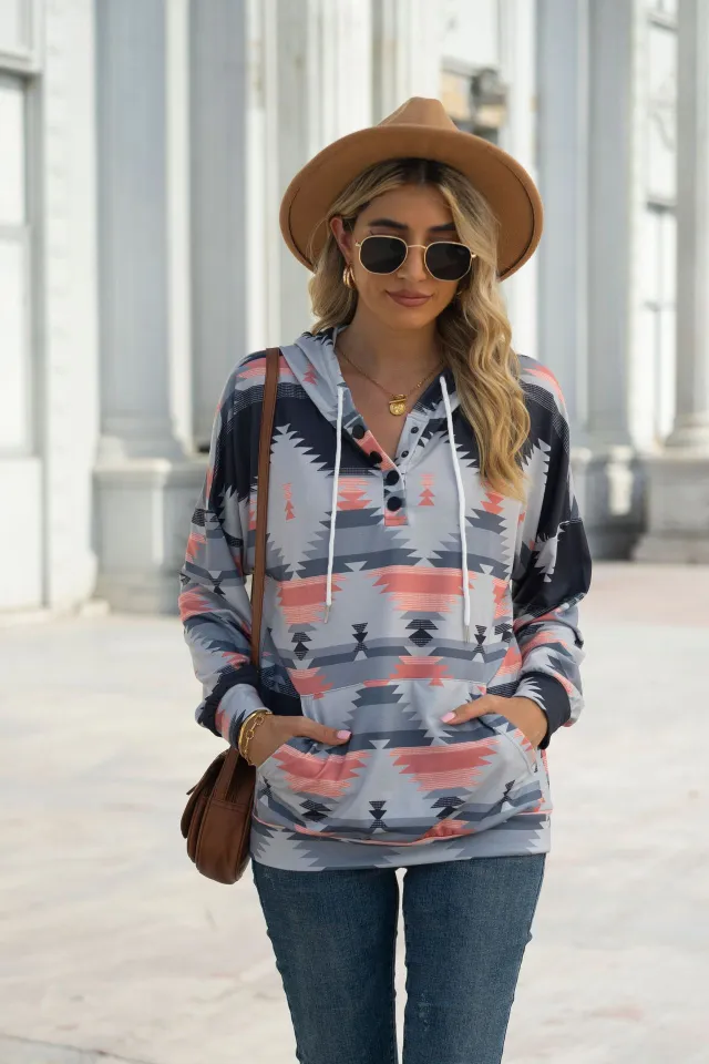Geometric Pattern Long Sleeve Loose Hooded Button Pocket Sweatshirt Gray - Shop at LoveMi