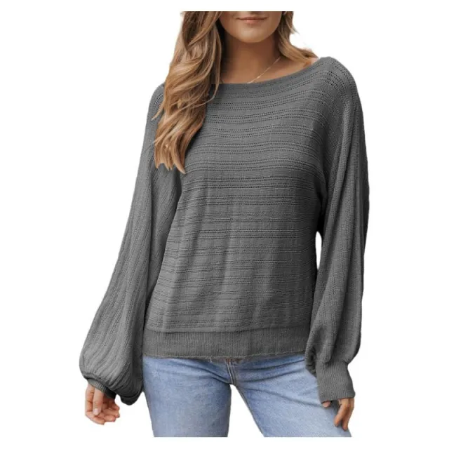 Textured Lantern Sleeve Off neck Sweater Loose Pullover Sweater P2011 - Shop at LoveMi
