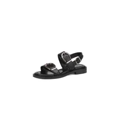 Belt Buckle Ankle-strap Sandals Back Strap Low Heel Chunky Heel Cowhide - Black - View 1