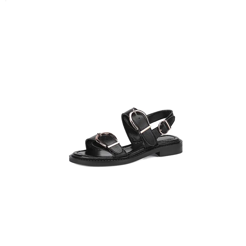 Belt Buckle Ankle-strap Sandals Back Strap Low Heel Chunky Heel Cowhide - Black