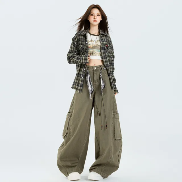 Large Workwear With Pocket Retro Commuter Jeans Army Green - Shop at LoveMi