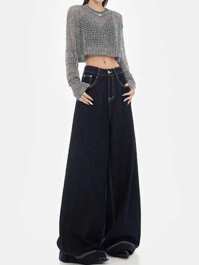 Women's Wide leg Jeans Loose High Waist 1380 Denim Blue - Shop at LoveMi