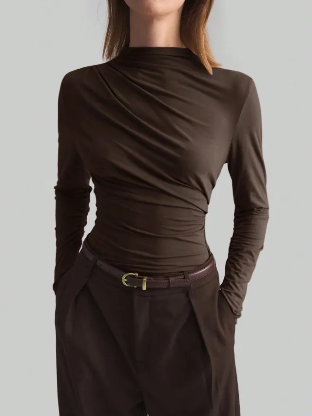 New Asymmetrical Mock neck Slim fit Base Top For Women Brown - Shop at LoveMi