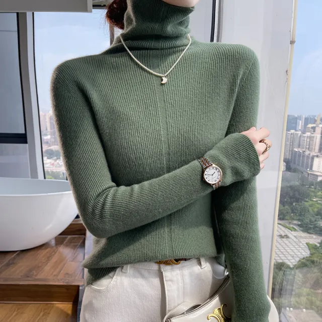 Autumn And Winter Pile Collar Wool Knitted Bottoming Shirt Slim Fit All matching Spearmint - Shop at LoveMi