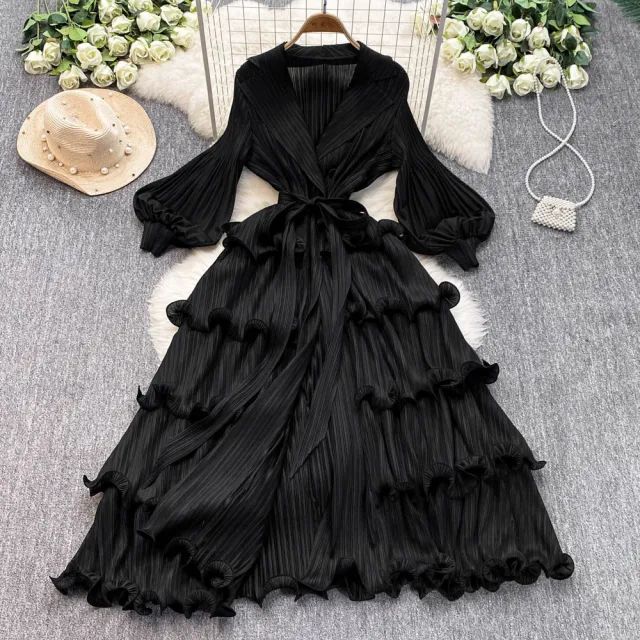 Waist Slimming A Line Ruffled Cake Dress Black - Shop at LoveMi