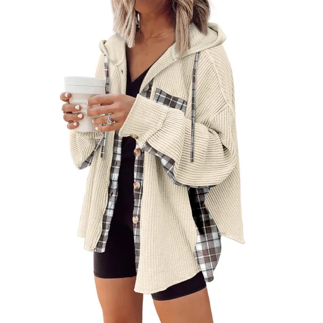 Plaid Casual Hooded Drawstring Coat Apricot - Shop at LoveMi