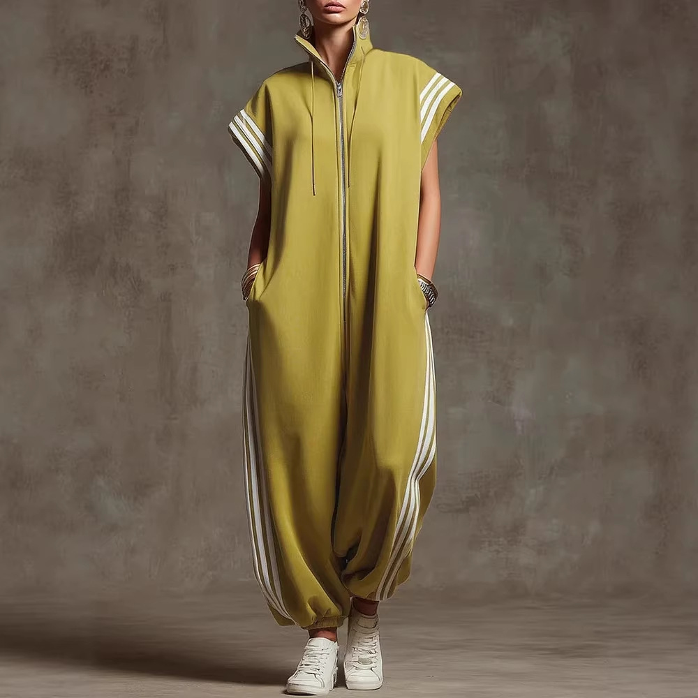 Striped Contrast-Color Jumpsuit With A Zippered Stand Collar
