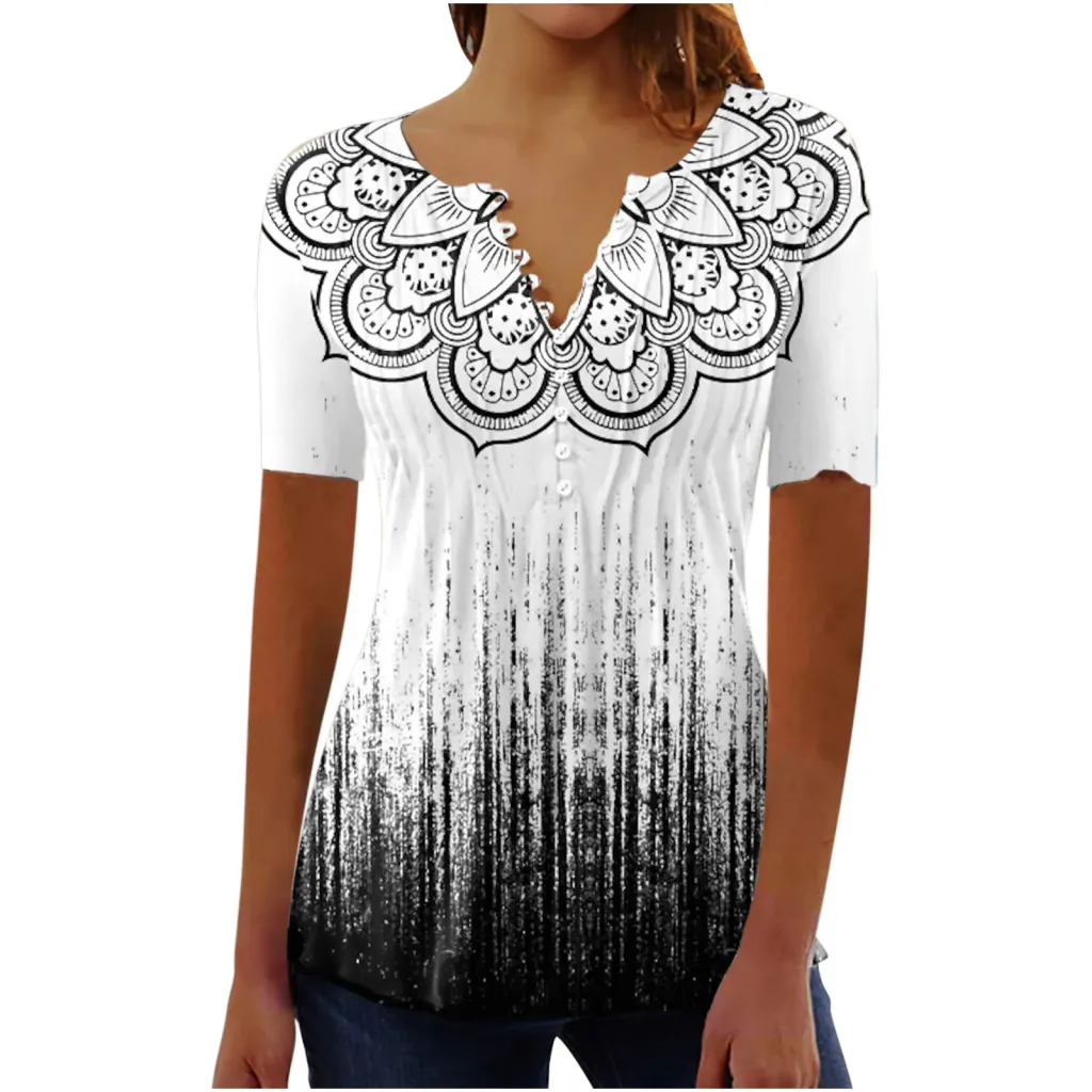 Women's Digital 3D Printed Pleated Round Neck T-shirt - Bddkzz009-Xl