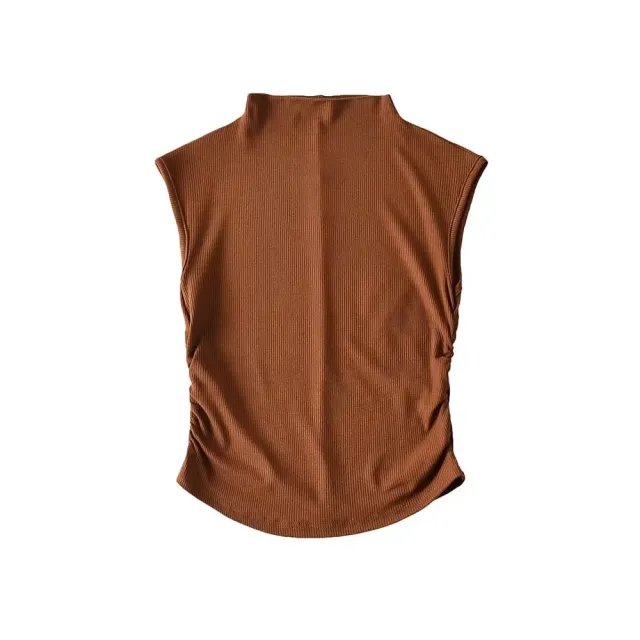 Women's Short Half turtleneck Stretch Slim fit Pleated Vest Coffee - Shop at LoveMi