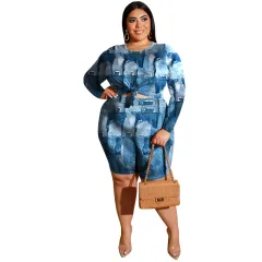 Women's Fashionable Casual Two-Piece Set Printed Top And Shorts - Denim Printing - View 1