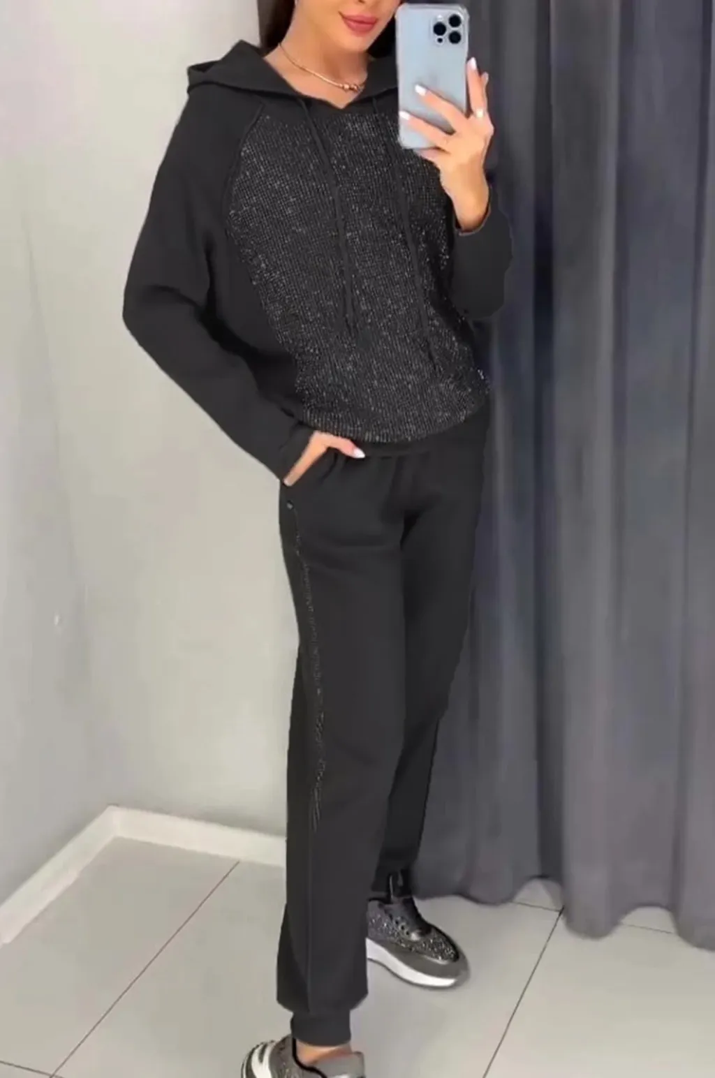 Women's Fashion Casual Hooded Sweater Sports Suit - Black