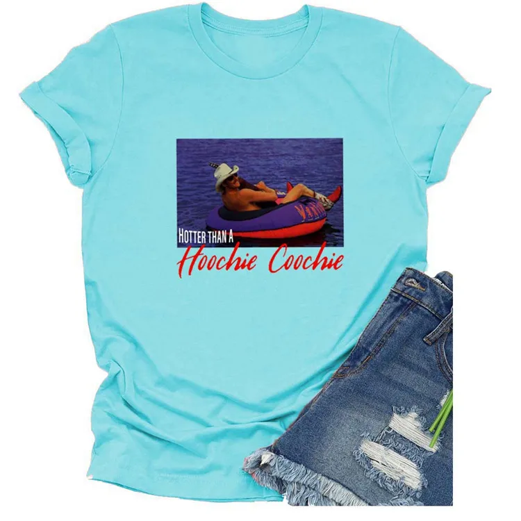 Hotter Than A Hoochie Coochie Crew Neck Casual Loose Printed Short Sleeve T-shirt For Women - Deep Water Blue Colour Picture