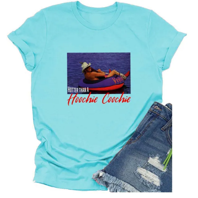 Hotter Than A Hoochie Coochie Crew Neck Casual Loose Printed Short Sleeve T shirt For Women Deep Water Blue Color Picture - Shop at LoveMi