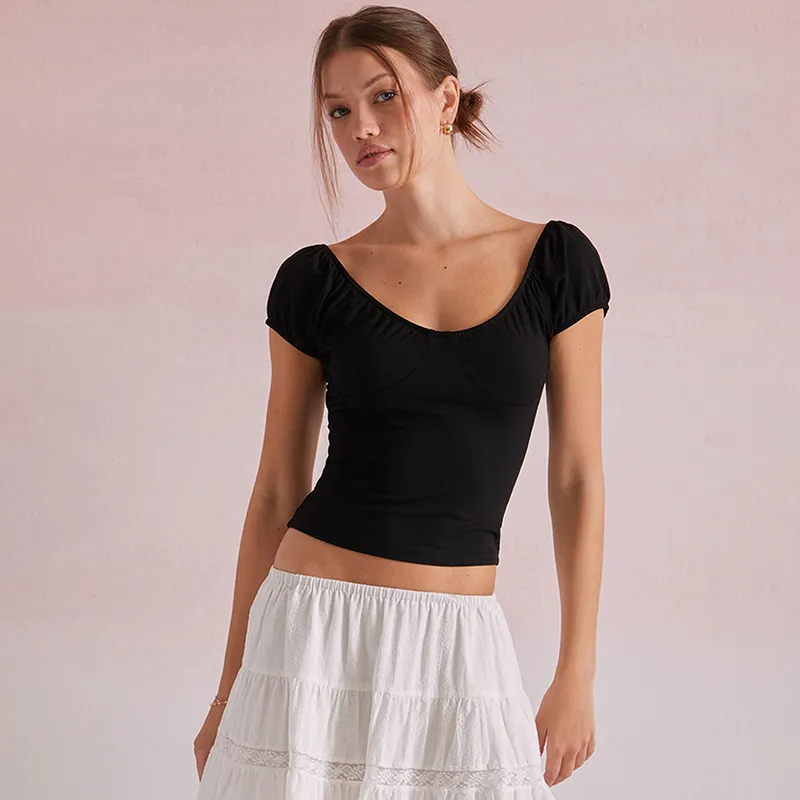 Short Sleeve V-neck Simplicity Backless Casual Top T-shirt - Black