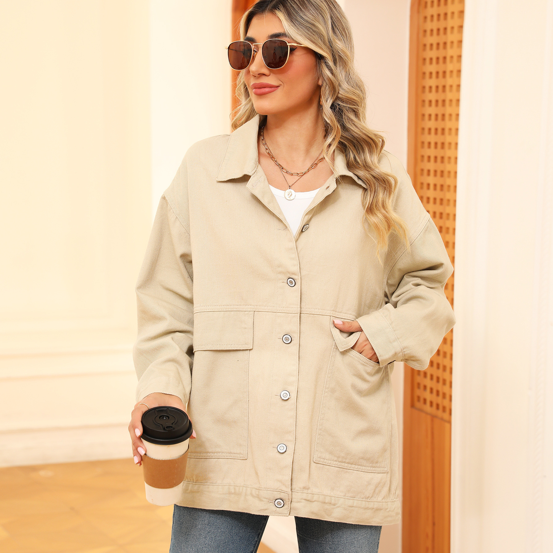 Retro Classic Loose Denim Casual Coat Top Women Add Khaki - Shop at LoveMi