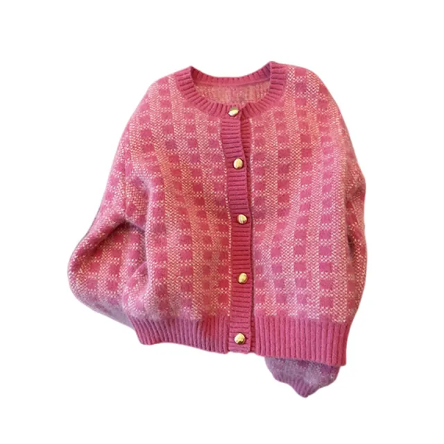 Women's Plaid Loose Knitwear Sweater Coat Pink - Shop at LoveMi