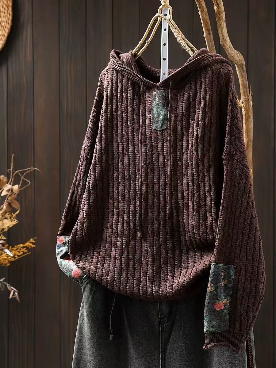 Womens Ethnic-Style Loose-Fit Oversized Sweater With Drawstring Hood