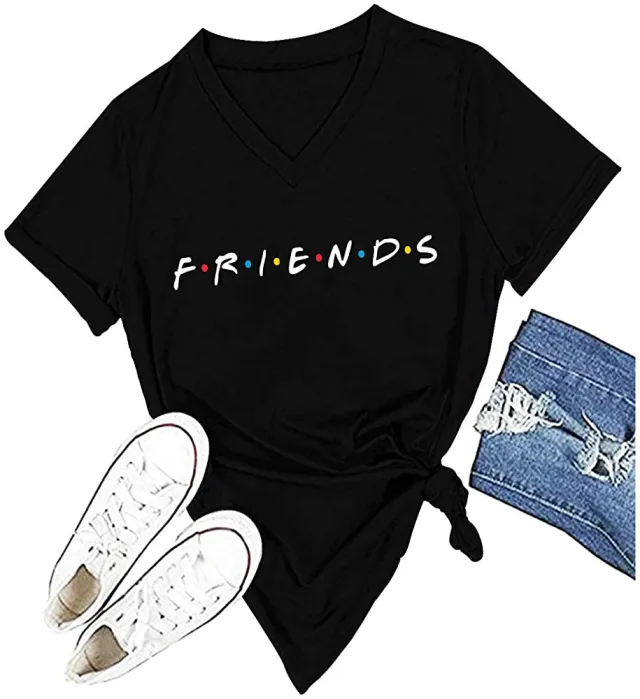 Women's Fashion Letter Print Round Neck Short Sleeve T Shirt V Neck Black - Shop at LoveMi