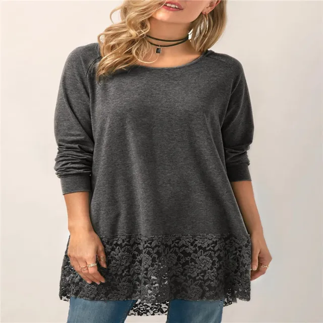 Lace Stitching Hooded Solid Color Long sleeved T shirt Gray - Shop at LoveMi