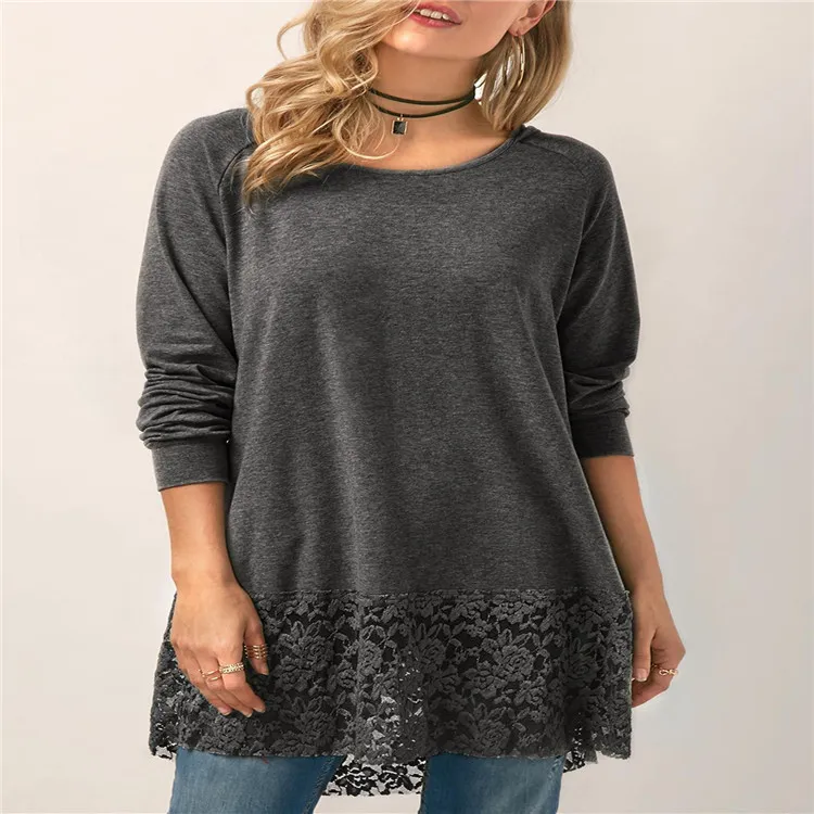 Lace Stitching Hooded Solid Color Long-sleeved T-shirt - Gray