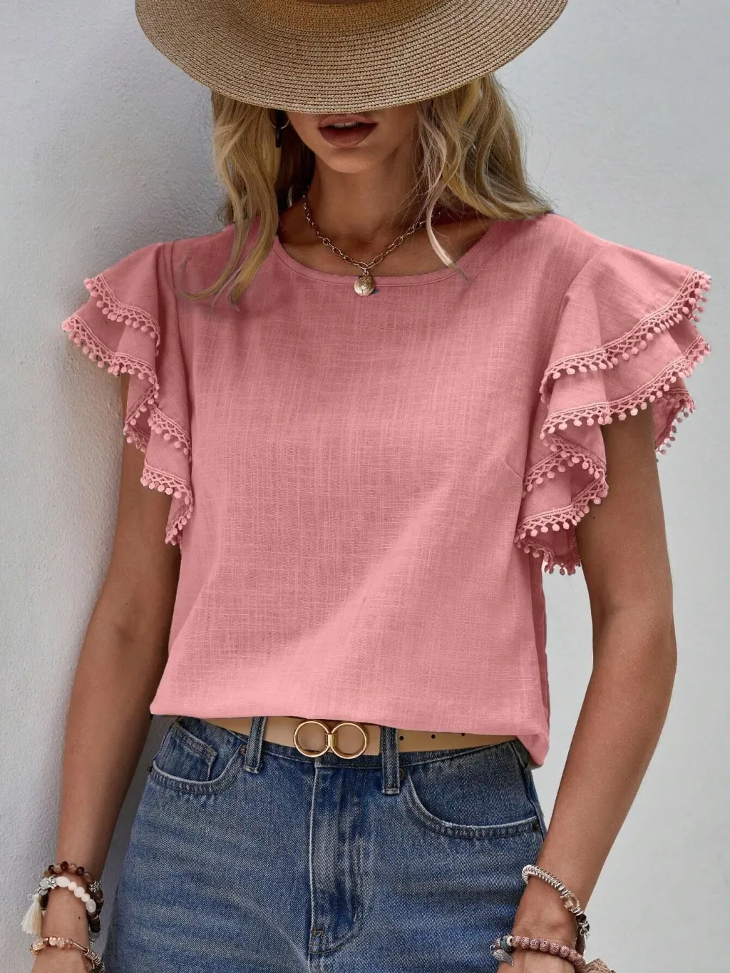 Casual Round Neck Summer Loose Shirt Lotus Leaf Batwing Shirt Short Sleeve - Pink