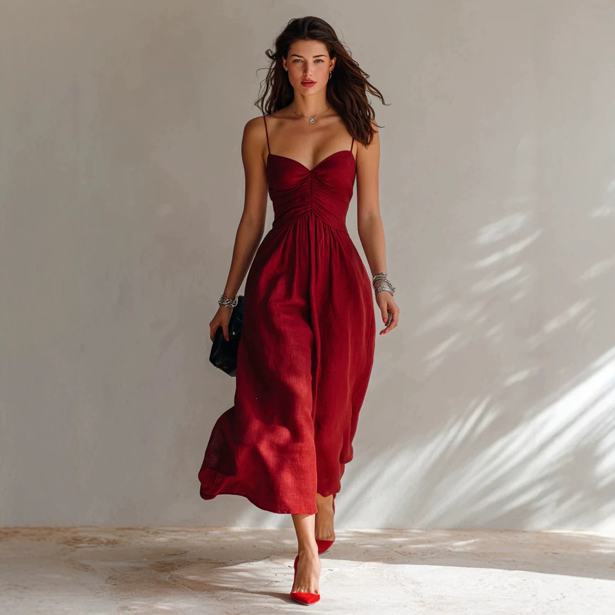 Spring Summer Pleated Strap Dress New Style