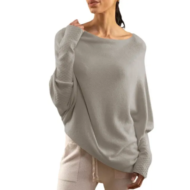 Solid Color Off neck Pullover Knitted Loose Sweater Gray - Shop at LoveMi