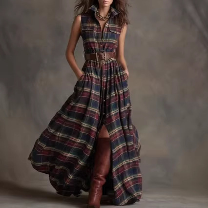 Retro Women's Plaid Lapel Dress