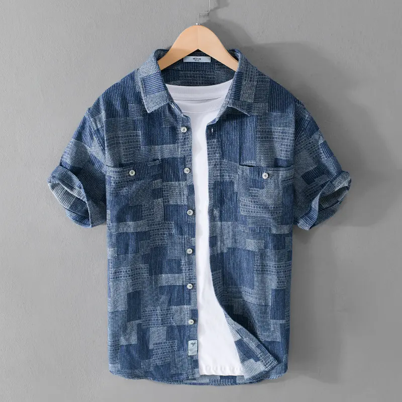 Men's Simple Loose Cargo Denim Short-sleeved Shirt