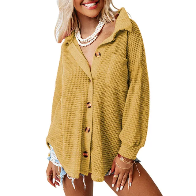 Waffle Casual Shirt Women's Long Sleeve Cardigan Yellow - Shop at LoveMi