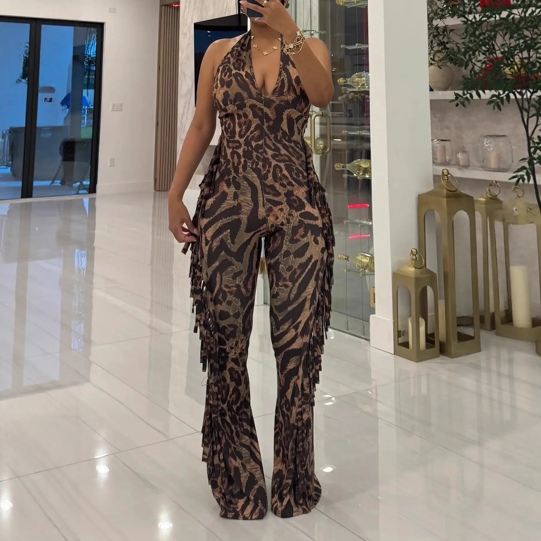 Stretchy Backless Fringed Printed Halterneck Flared Jumpsuit With Tie-up Straps