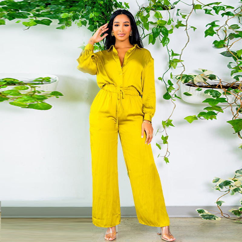 Women's Stylish Graceful Simple Long-sleeved Shirt Wide-leg Trousers Suit - Image 6