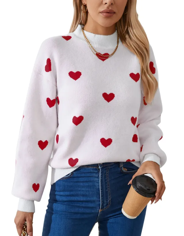 Autumn And Winter New Love Brocade Sweater Women White And Red - Shop at LoveMi