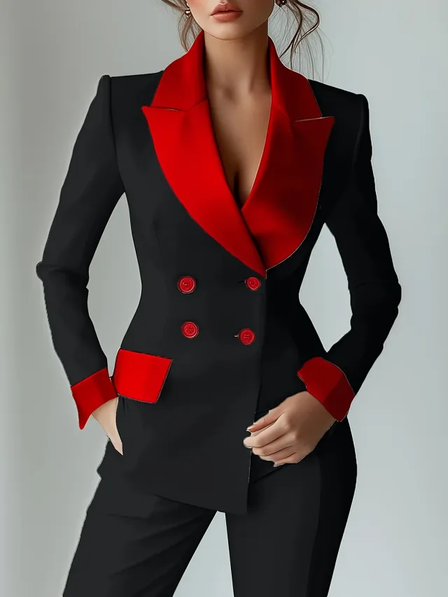 Long Sleeve Button Suit Collar Patchwork Pocket Coat Black And Red - Shop at LoveMi