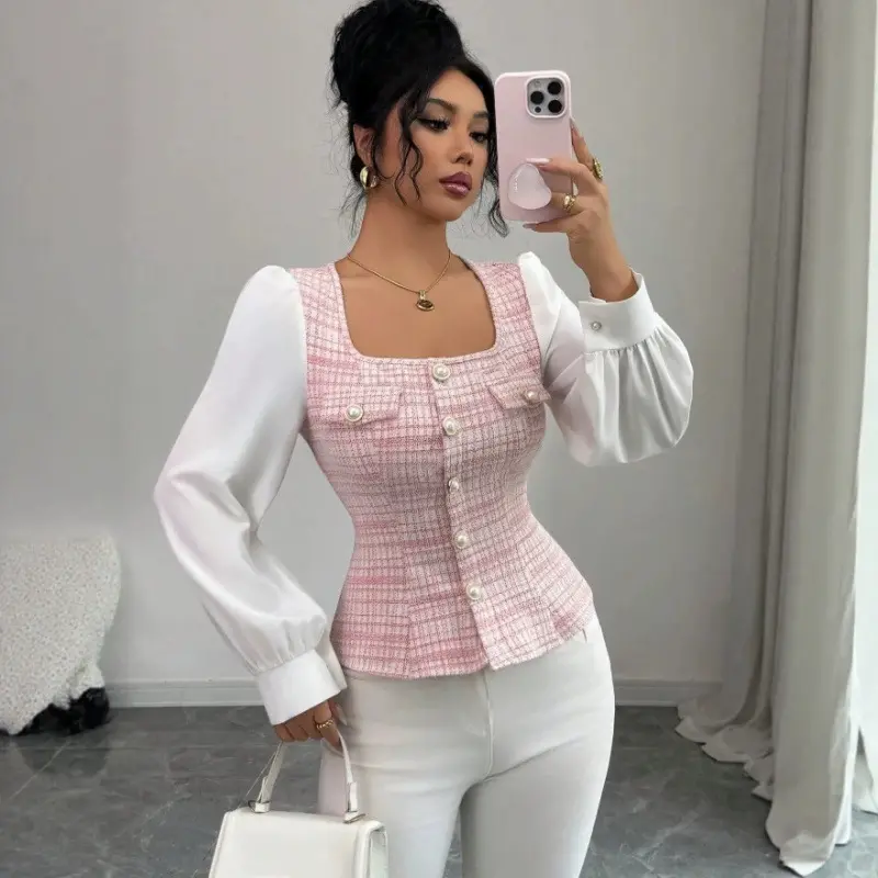 Fashionable Patchwork Puff Sleeve Top