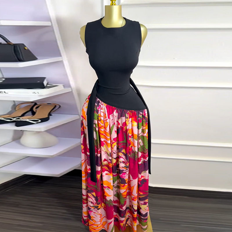 Summer Printed Lace Up Sweet Dress